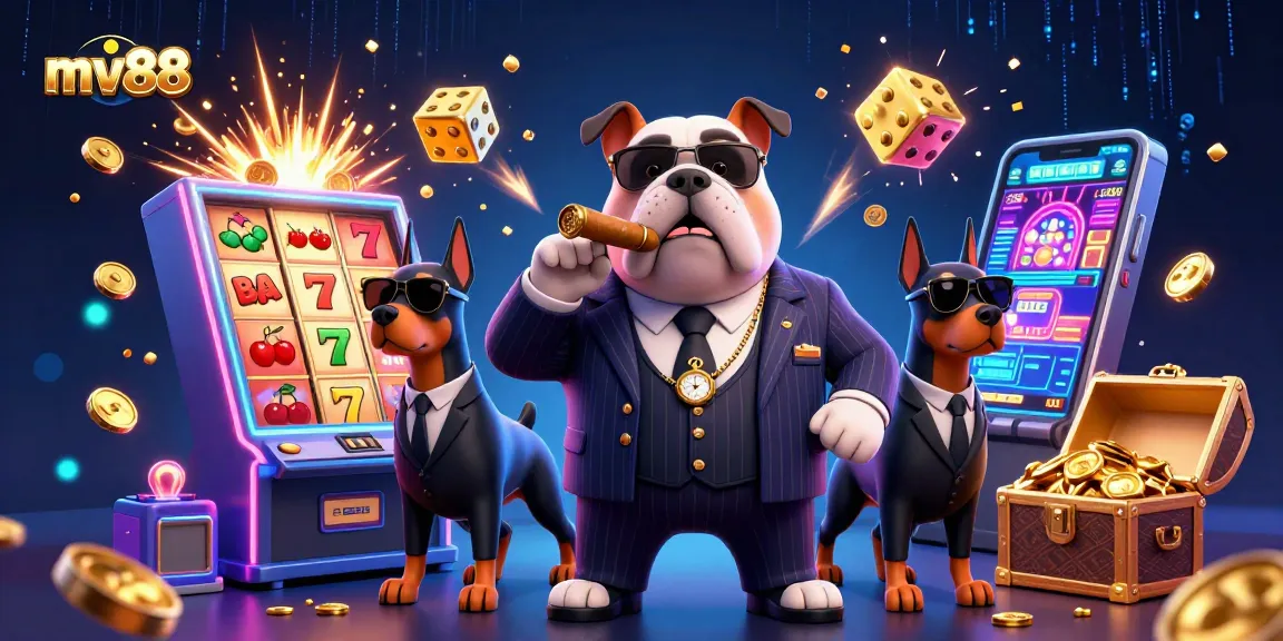 Experience excitement at mv88 with a thrilling scene of a bulldog mafia boss and Dobermans amid casino games and jackpots.