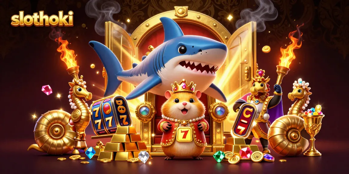 gambar menarik dengan tema slothoki yang menampilkan raja hamster emas di atas singgasana gigi hiu