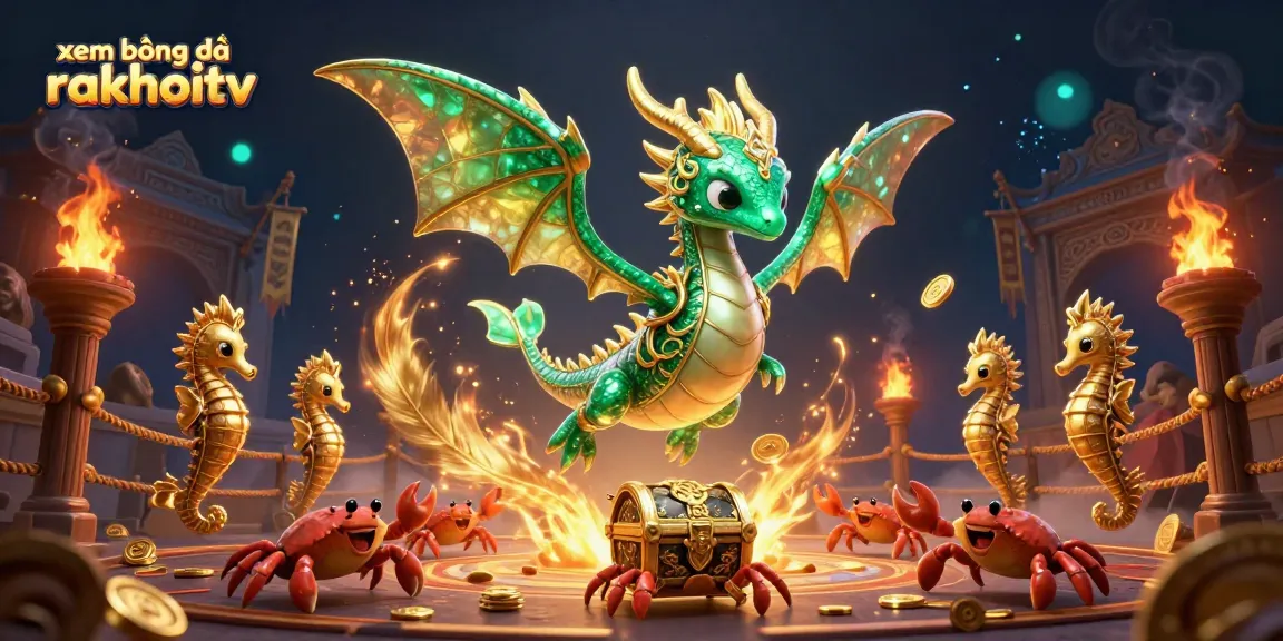 Betting on xem bóng đá rakhoitv, showcasing a vibrant 3D illustration of a sea dragon, gold coins, and ember effects.