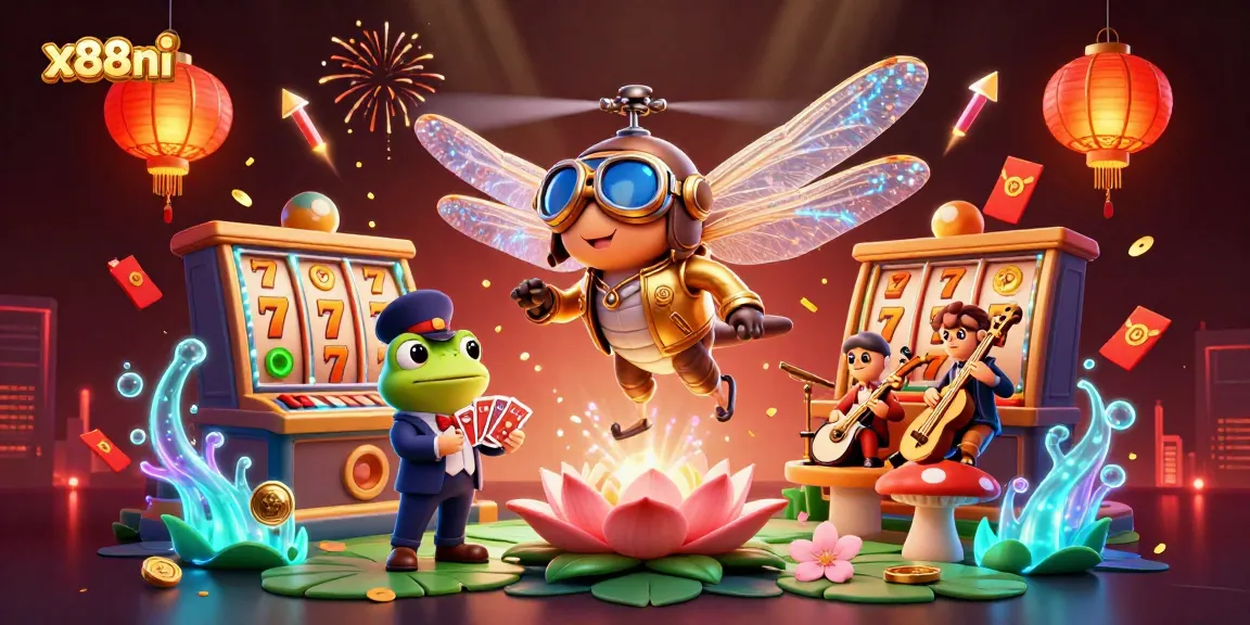 x88ni players winning big at a vibrant lily pad casino with dynamic characters and festive elements