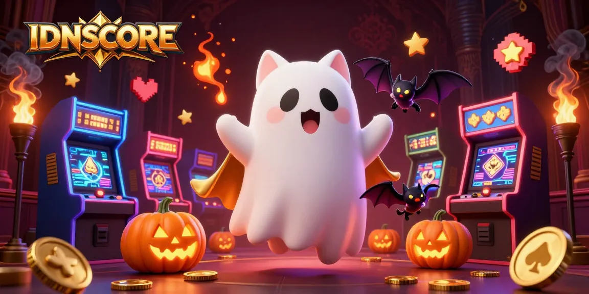 Experience IDNSCORE with engaging slot machines and vibrant gaming characters in a haunted casino.