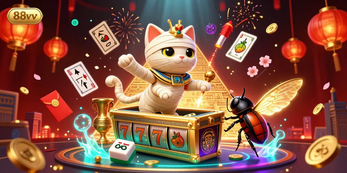 Experience thrilling spins with 88vv's vibrant pyramid casino scene featuring a mummy cat and scarab beetle.