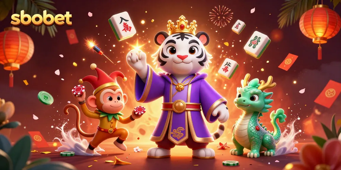 Experience sbobet excitement with a vibrant scene featuring a royal tiger and playful monkey in a lively casino setting.