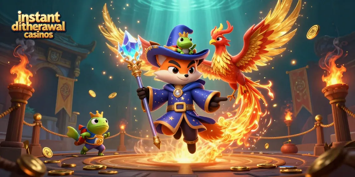 Experience exciting instant withdrawal casinos with a wizard, phoenix, and enchanted frog in a stunning 3D illustration.